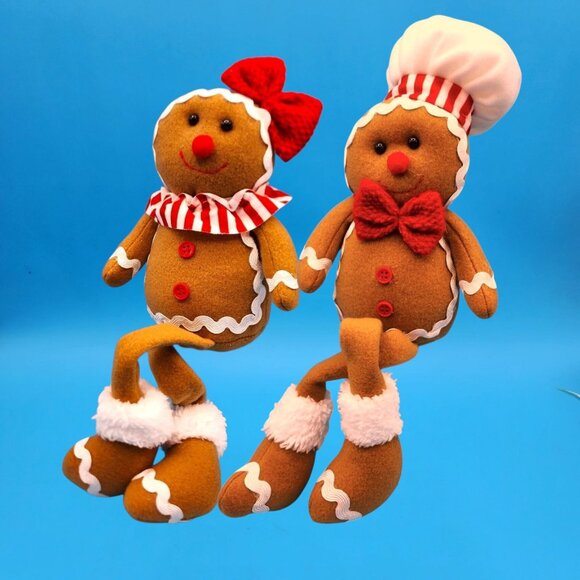 Gingerbread Girl Gingerbread Boy Shelf Sitters Christmas Decor Chef Hat Bow Set - Picture 2 of 8